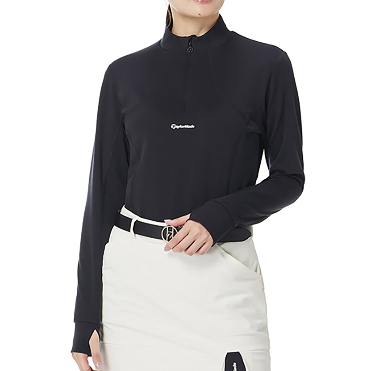 ストレッチ 裏起毛 ハーフジップ モックネック長袖シャツ レディス