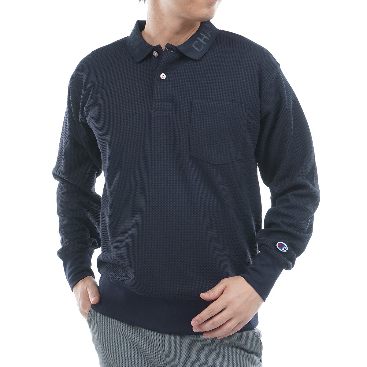 lwood メタルウッド 長袖 ポロシャツ ワッフル生地 黒 Metalwood メタルウッド 長袖 ポロシャツ ワッフル生地 黒