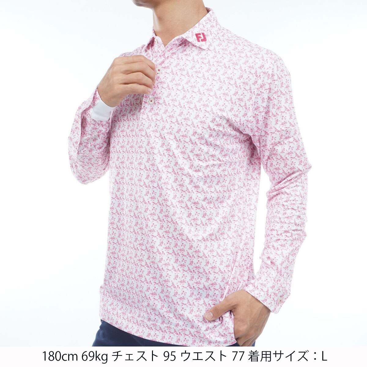 ストレッチ ヴィンテージフラワープリント 長袖ポロシャツ(長袖シャツ