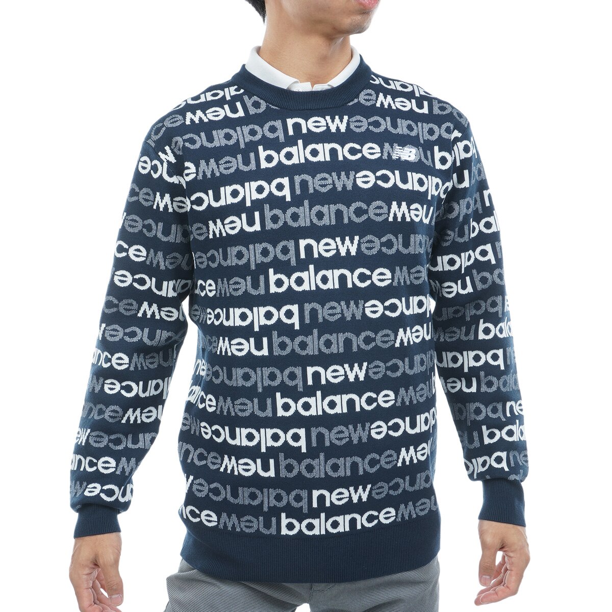 New Balance ロゴセーター サイズ5 ロゴボーダーダブルジャカード クルーネックニットプルオーバー(中間着