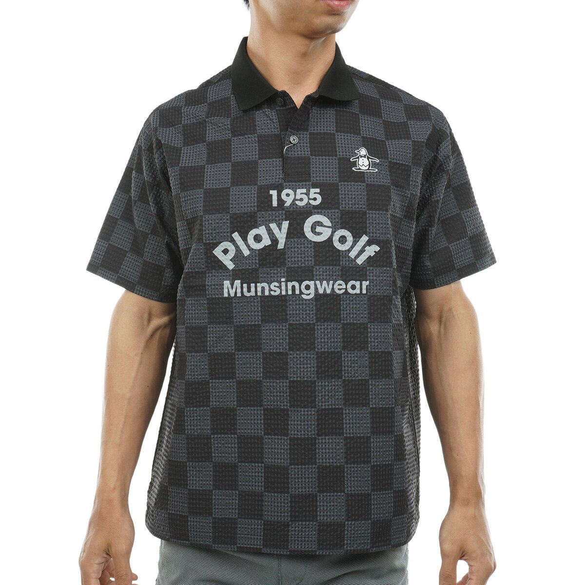 ストレッチ チェッカーフラッグ総柄プリント半袖ポロシャツ(半袖