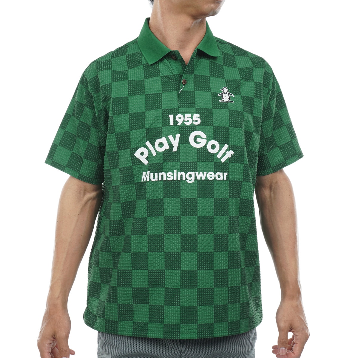 ストレッチ チェッカーフラッグ総柄プリント半袖ポロシャツ(半袖シャツ