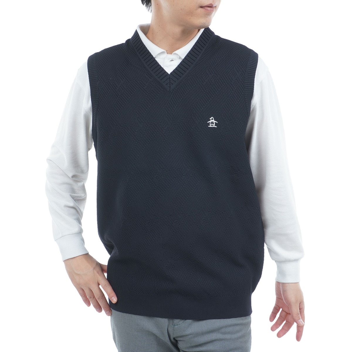 マンシングウェア　ネイビーベストセーター マンシングウェア Munsingwear ペンギン柄インターシャニット