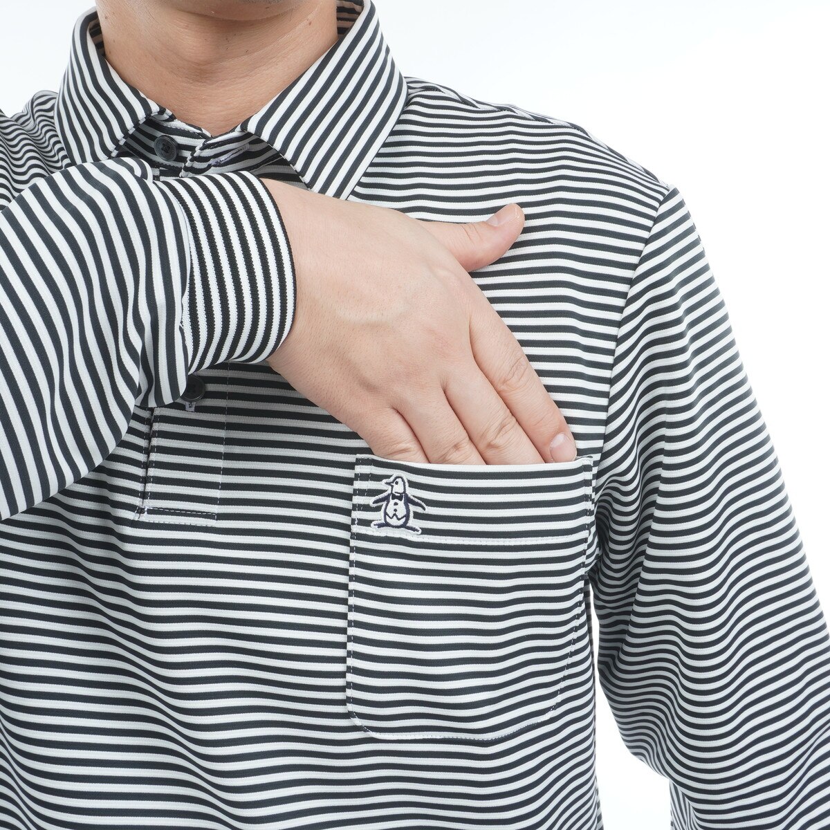 ストレッチ ボーダー台衿付き長袖ポロシャツ(長袖シャツ・ポロシャツ