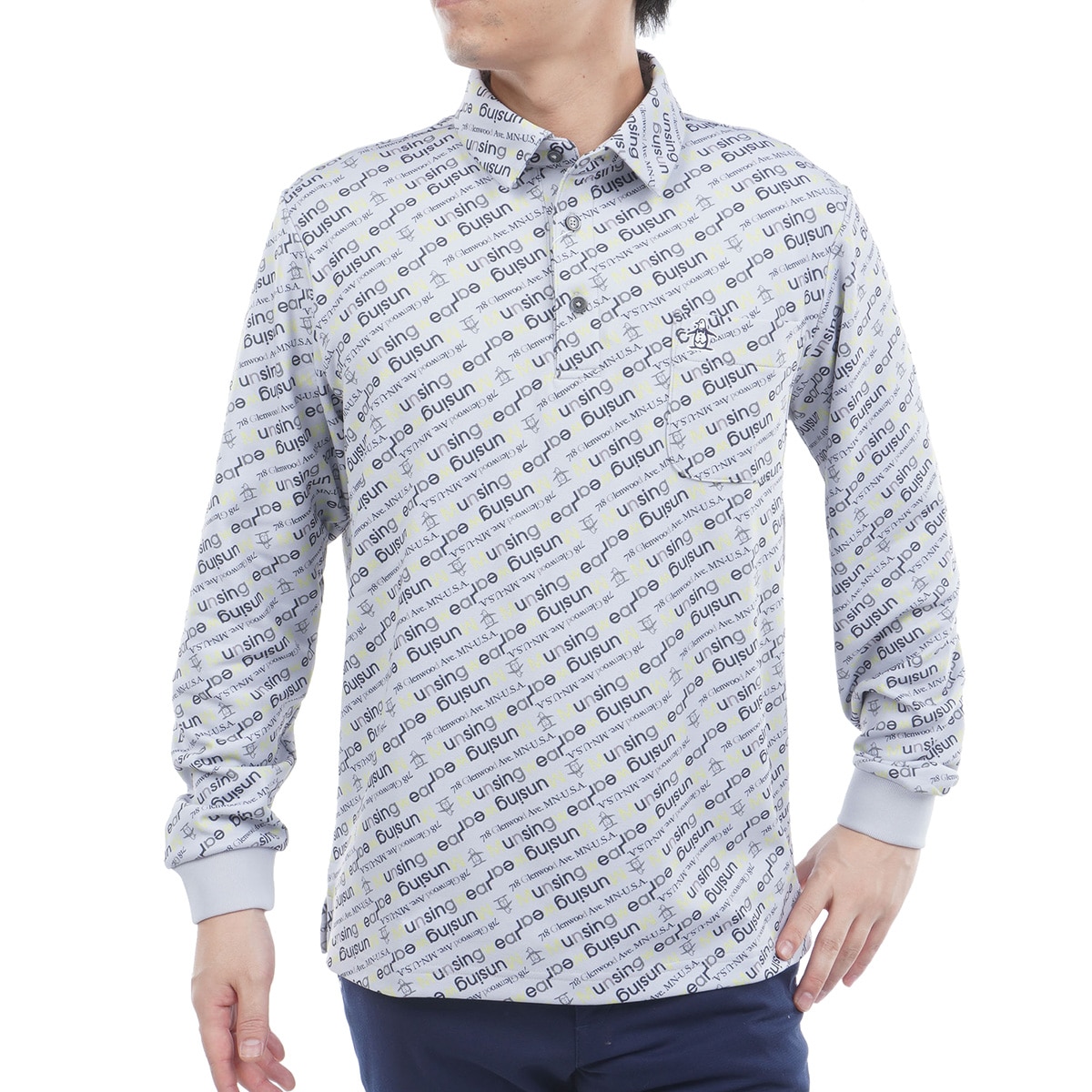 新品マンシングウェアHEAT NAVIロゴ総柄プリント台衿付き長袖ポロシャツМ マンシングウェア MUNSINGWEAR HEAT NAVI ロゴ総柄プリント台衿付き