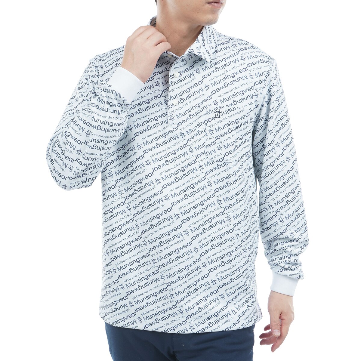 ストレッチ ロゴ総柄プリント台衿付き長袖ポロシャツ(長袖シャツ