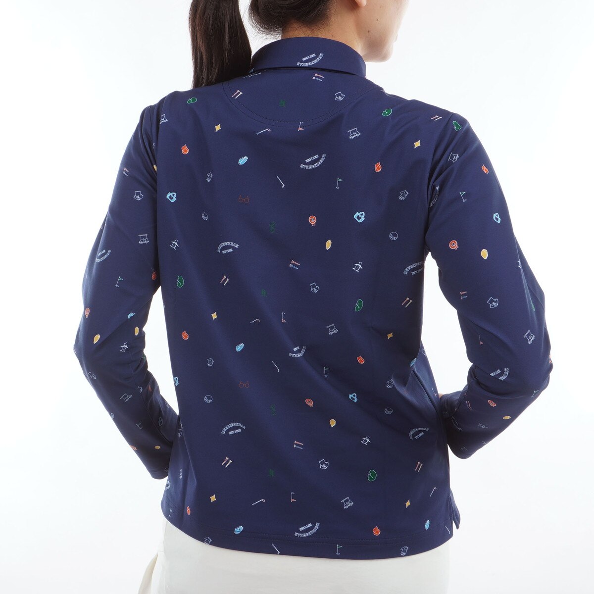 ストレッチ 裏微起毛 飛びアイコン柄プリント長袖ポロシャツ レディス