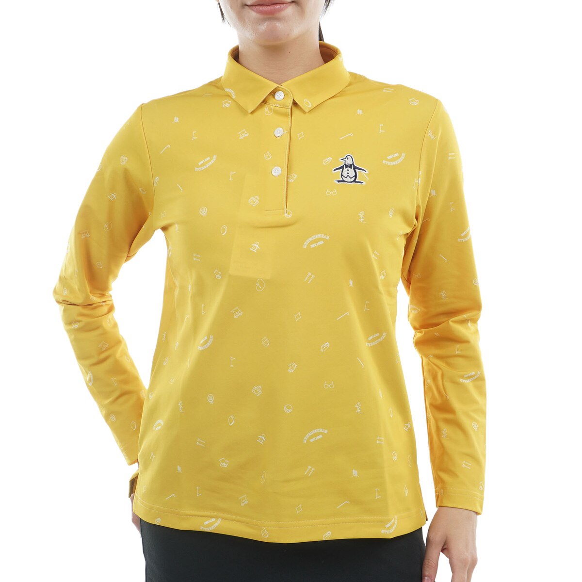 MUNSINGWEAR イエロー ポロシャツとグレー スカート セット ストレッチ 裏微起毛 飛びアイコン柄プリント長袖ポロシャツ レディス