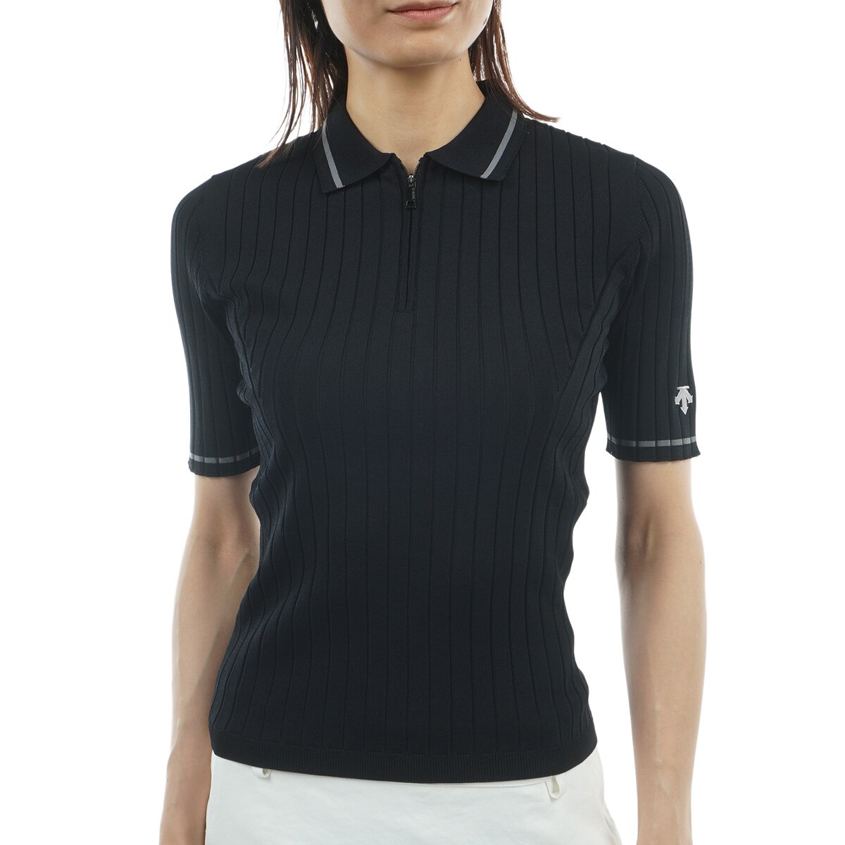 ハーフジップリブニット 五分袖ポロシャツ レディス(半袖シャツ