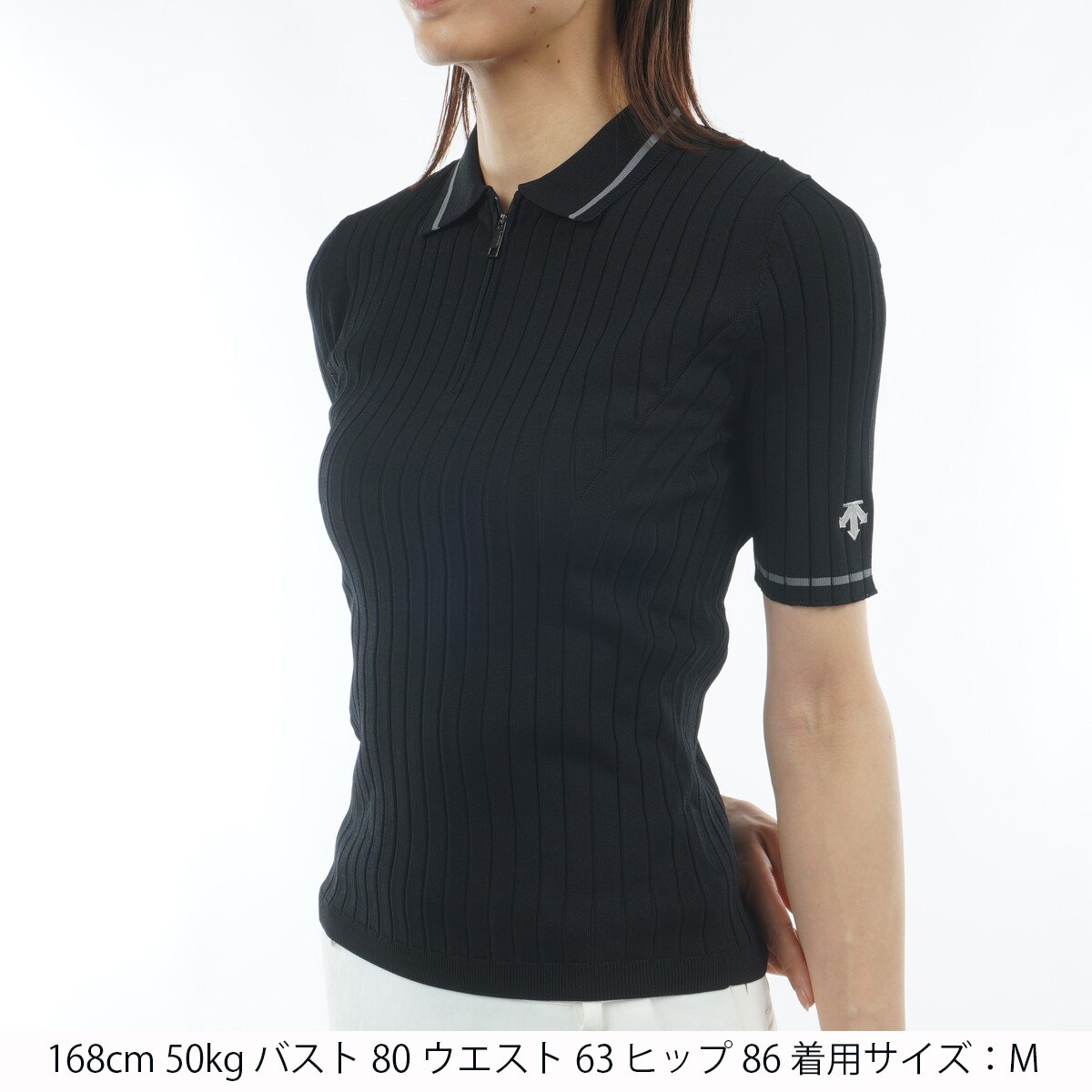 ハーフジップリブニット 五分袖ポロシャツ レディス(半袖シャツ