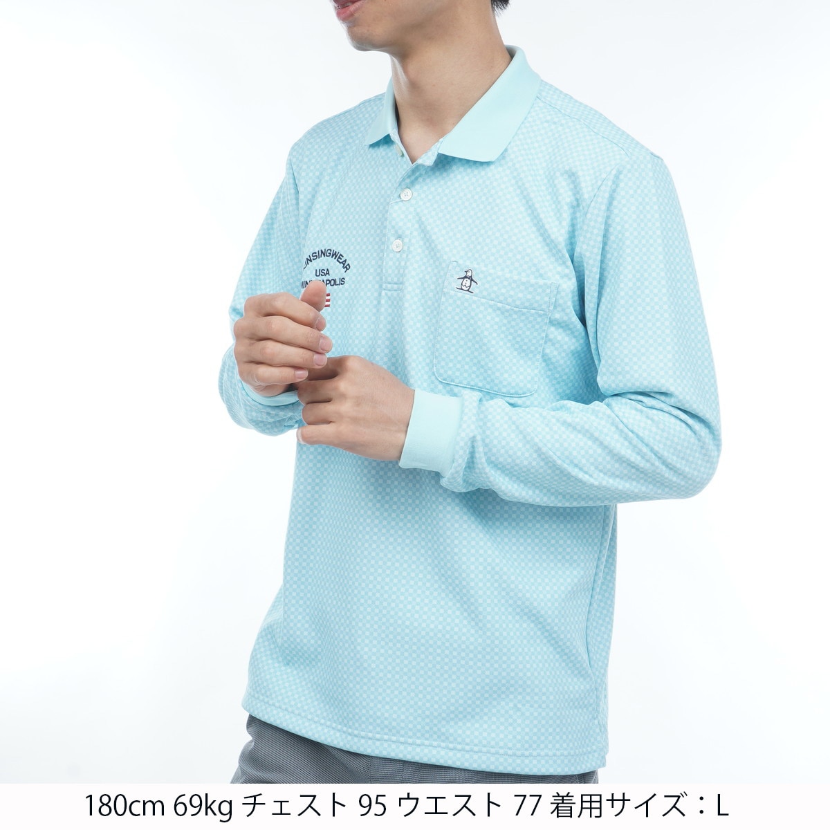 ストレッチ HEAT NAVI ギンガムチェック総柄プリント 長袖ポロシャツ