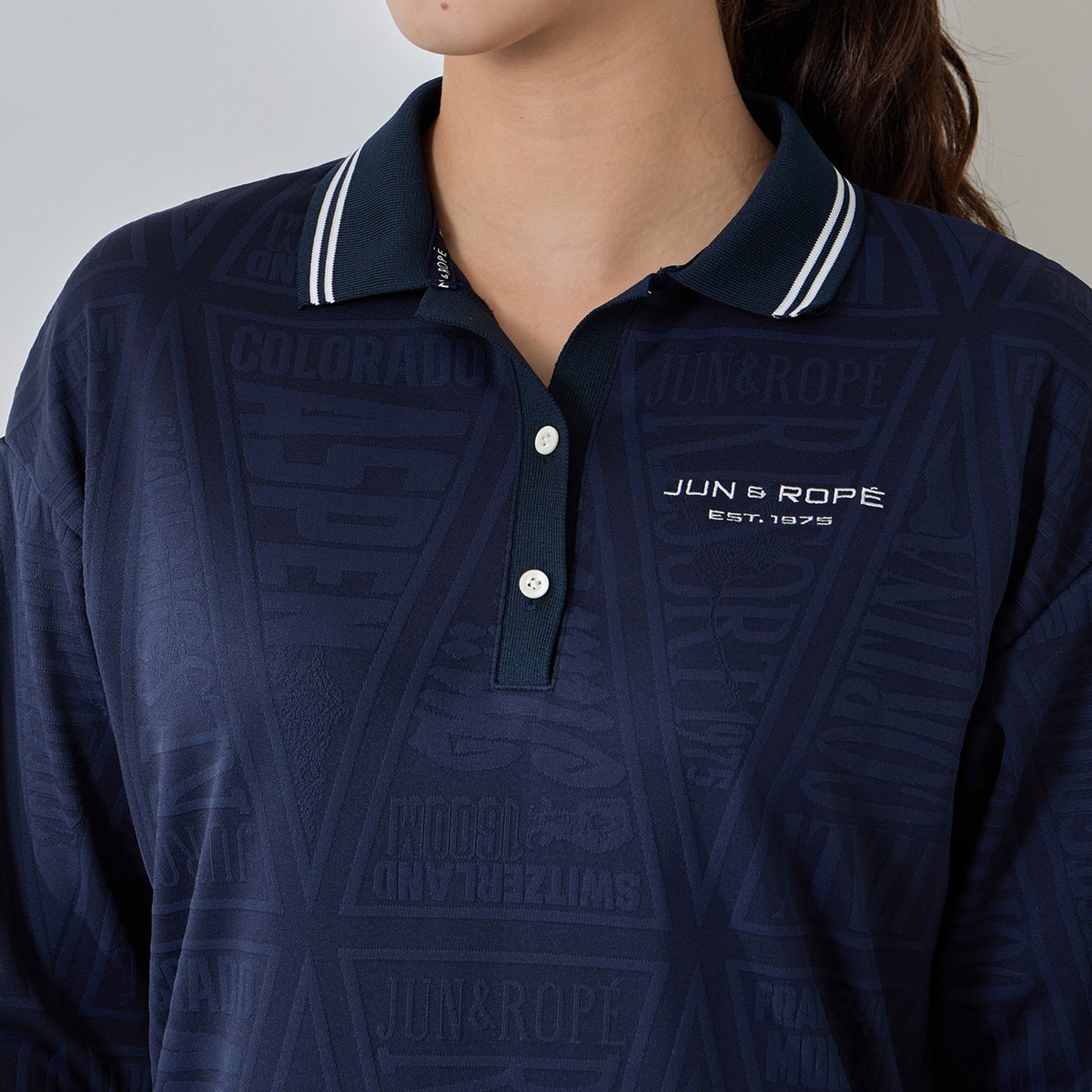 ペナント柄 ジャカード長袖ポロシャツ レディス(長袖シャツ