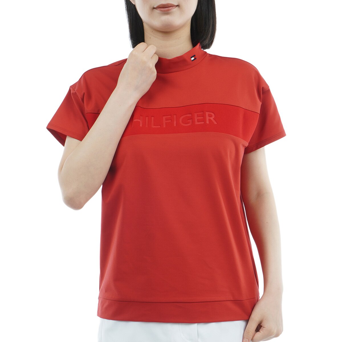 ストレッチ エンボスロゴ モックネック半袖シャツ レディス(半袖シャツ