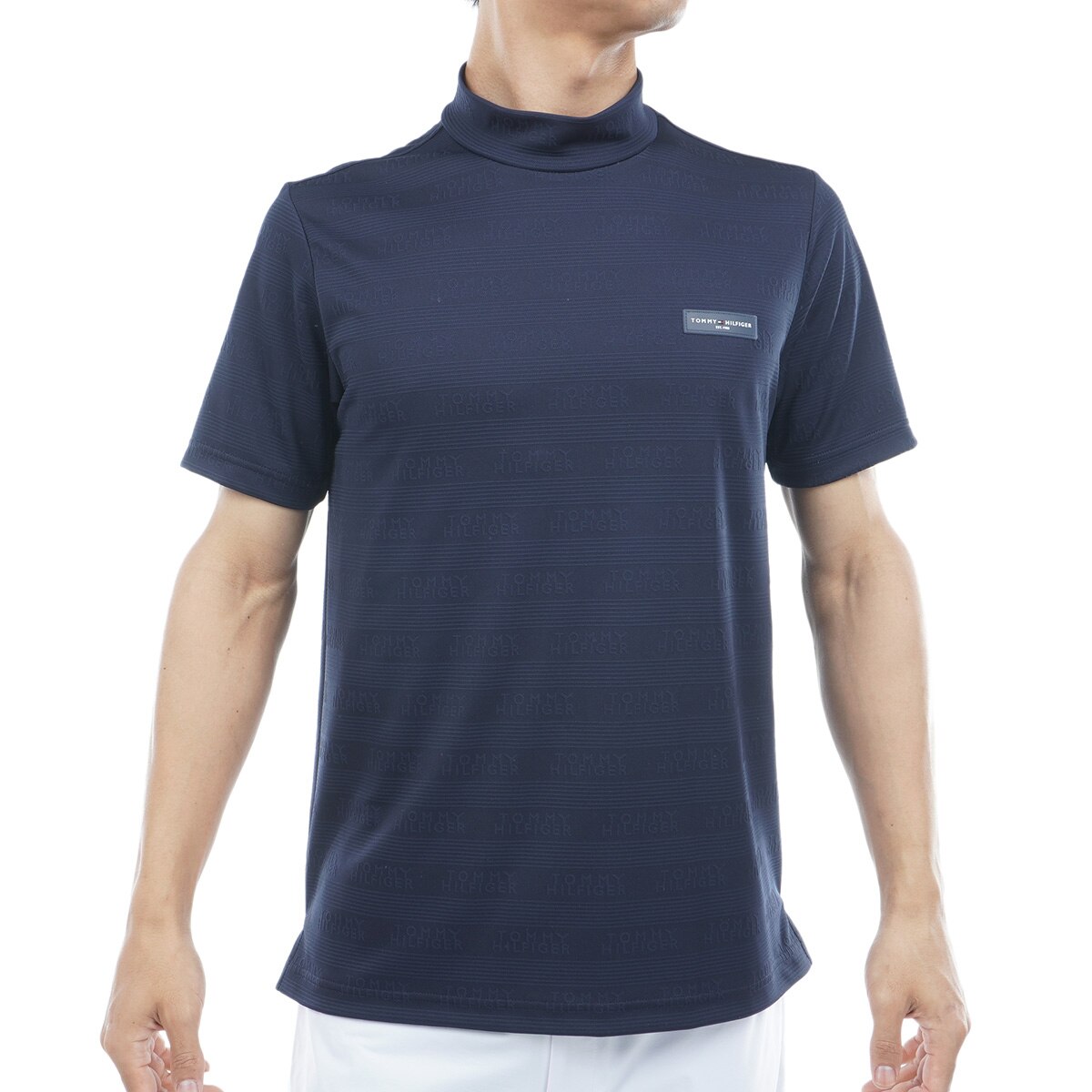 新品　トミーヒルフィガーゴルフ　モックネック　半袖シャツ　ネイビー　XLサイズ ストレッチ ロゴジャカード モックネック半袖シャツ(半袖シャツ