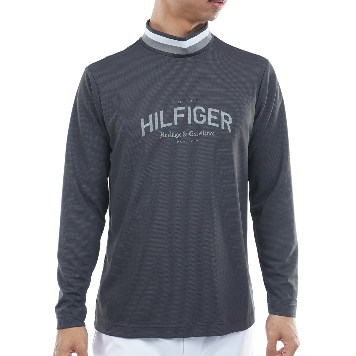 シグネチャーリブ 長袖シャツ【L寸】ネイビー　トミーヒルフィガー thma562 シグネチャーリブ モックネック長袖シャツ(長袖シャツ・ポロシャツ