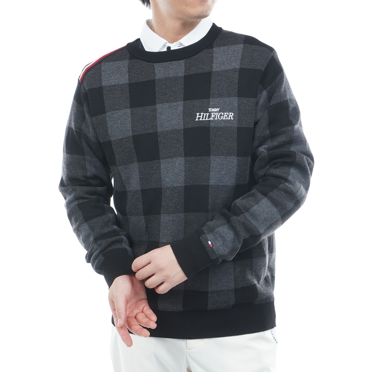 チェックジャカード クルーネックセーター(中間着(セーター