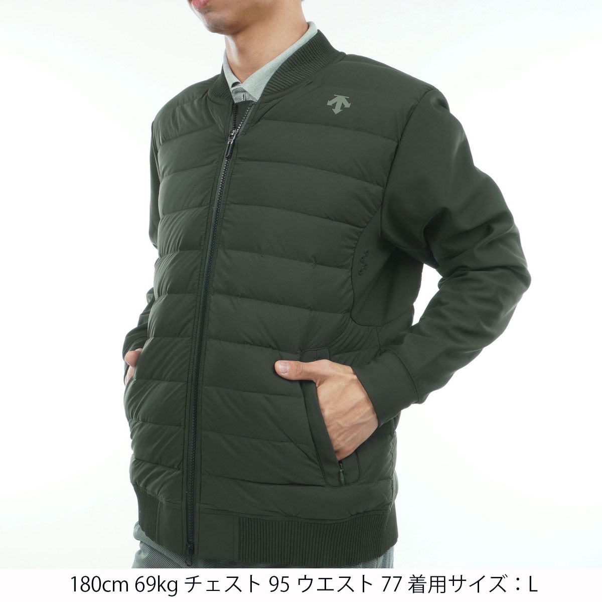とど　美品 DESCENTE GOLF メンズ グリーンダウンジャケット ストレッチ 裏起毛 接結ハイブリッドフルジップダウンジャケット