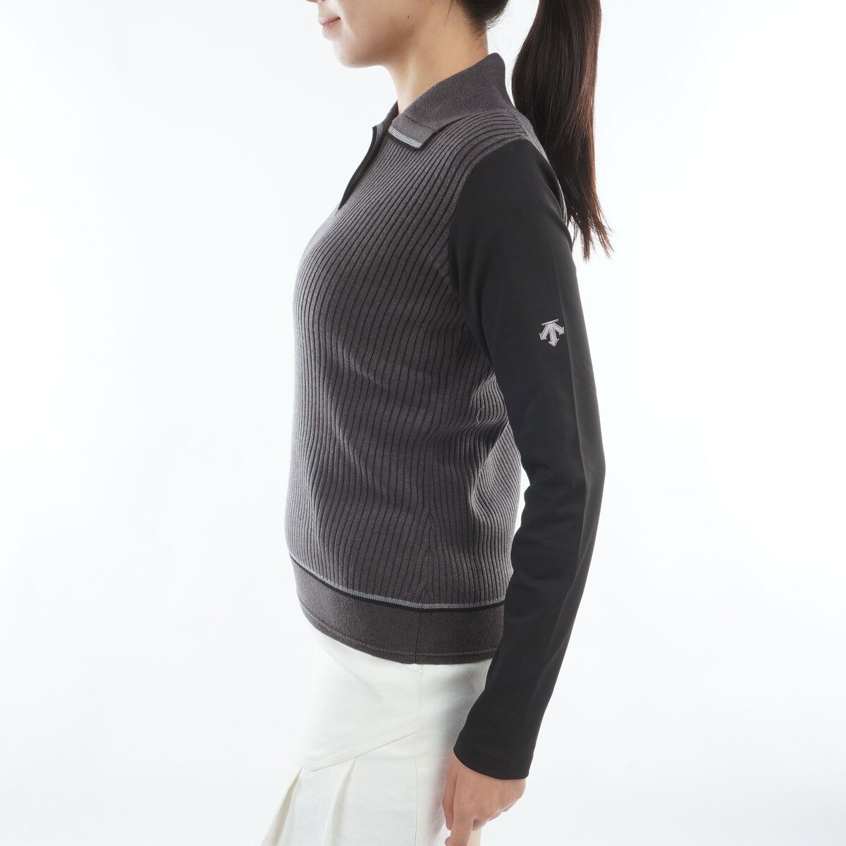 ストレッチ 裏起毛ニットハイブリッド長袖ポロシャツ レディス