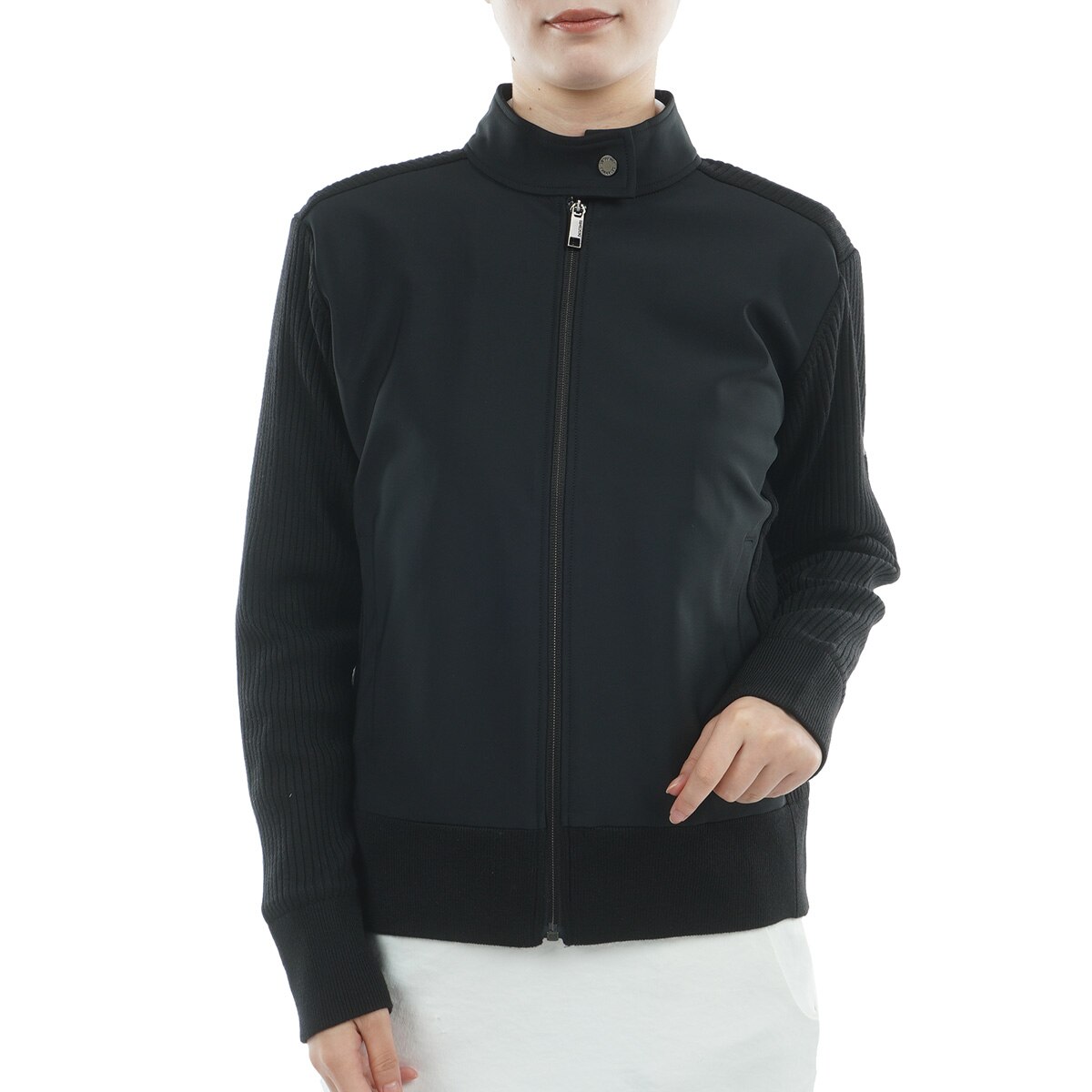 ストレッチ 裏起毛 防風ニットハイブリッド フルジップスタンドカラー