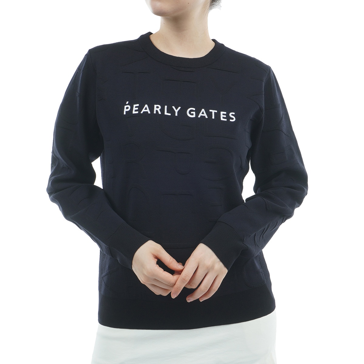 ジャカードロゴ総柄 丸首セーター レディス(中間着(セーター