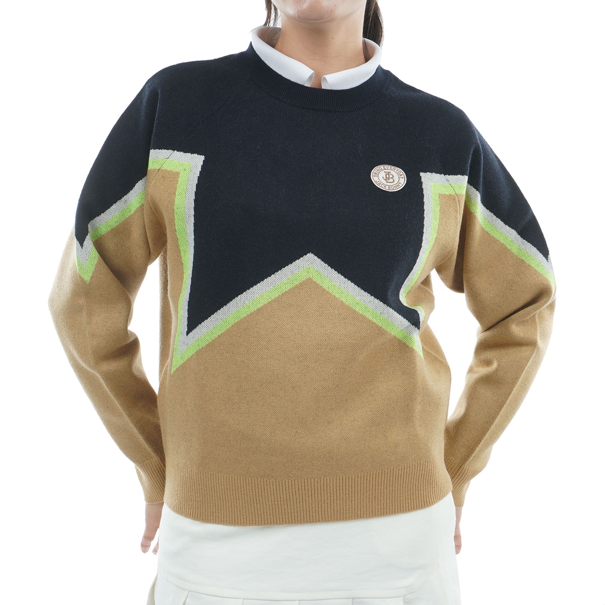 試着のみ ジャックバニー クルーネックニット ゴルフ セーター ジャックバニー JB 【防風】ジャガードロゴ裏地付きクルーネック