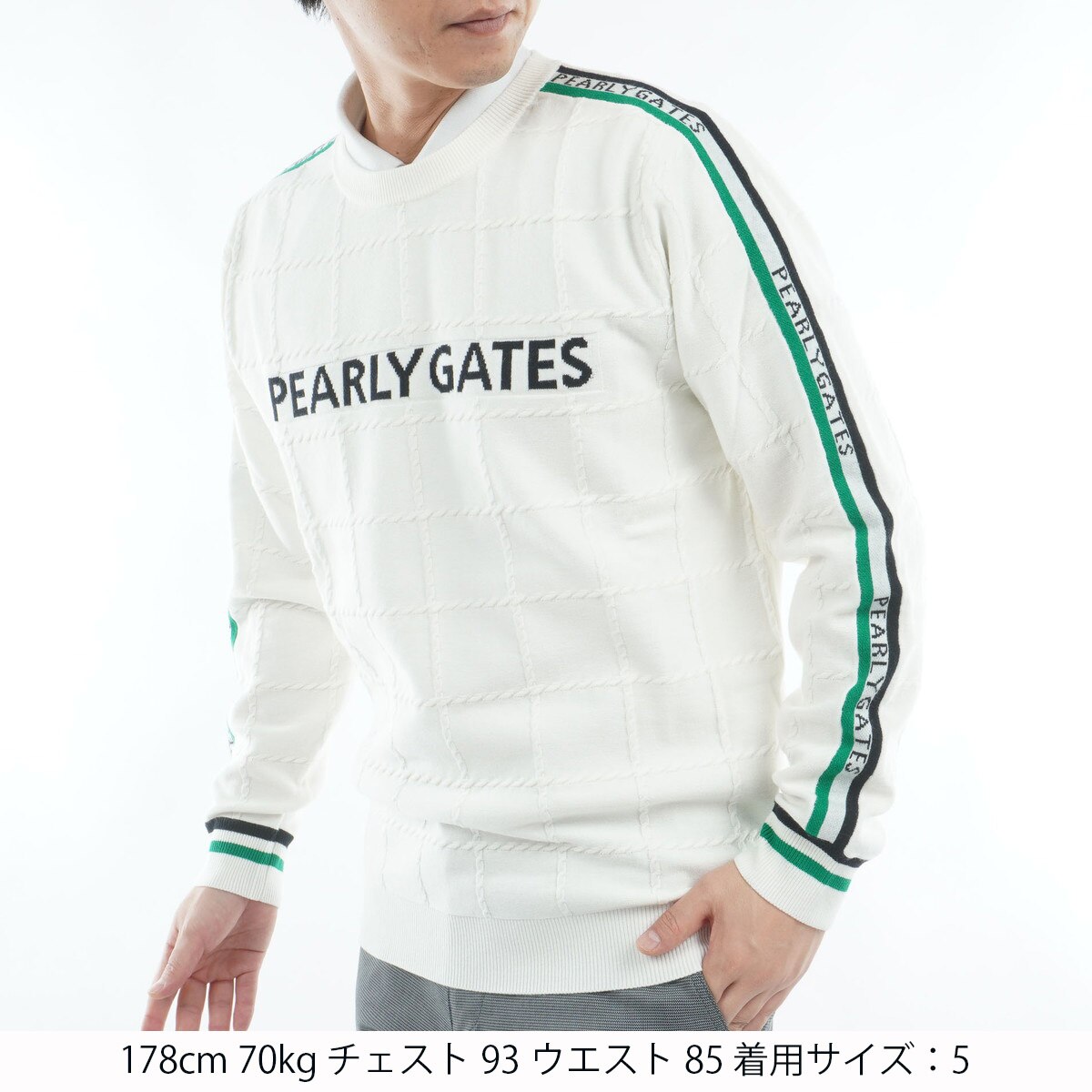 【新品】PEARLY GATES 地柄ロゴ　セーター タグ付サイズ5 地柄 丸首セーター(中間着(セーター、トレーナー))|PEARLY GATES