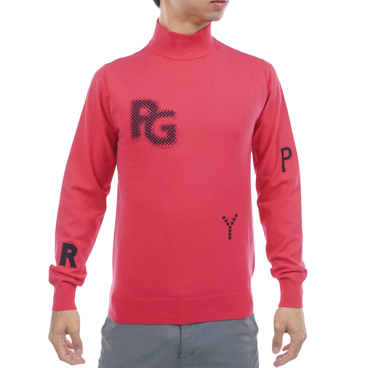 部分ジャカード カシミヤタッチコットン ハイネックセーター