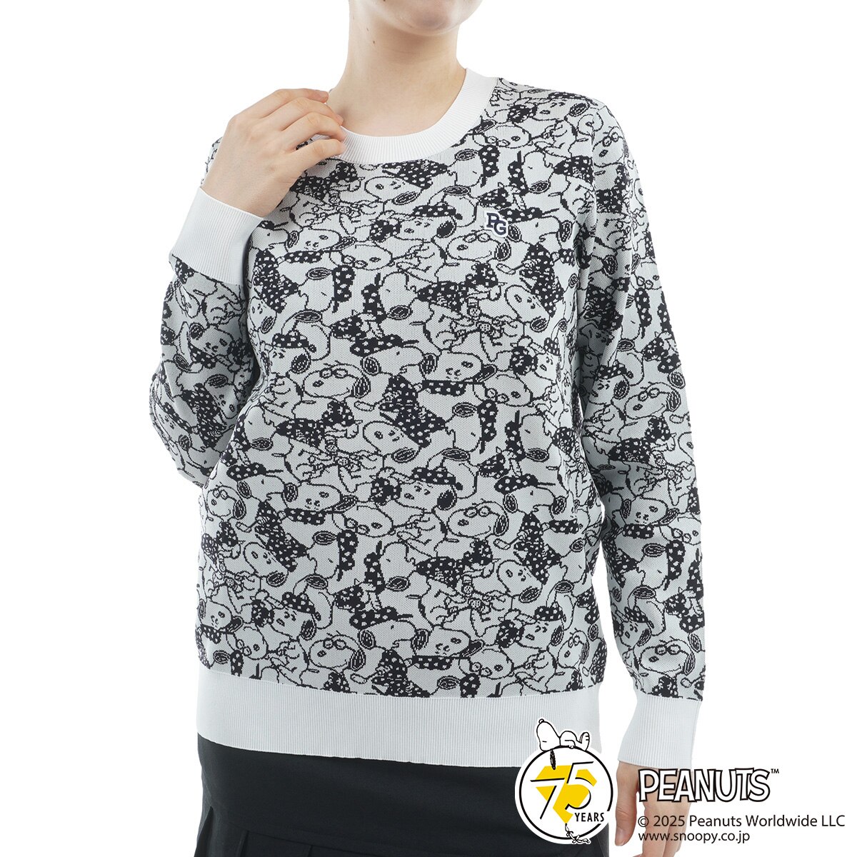 SNOOPY総柄 ダブルジャカード 丸首セーター レディス(中間着(セーター