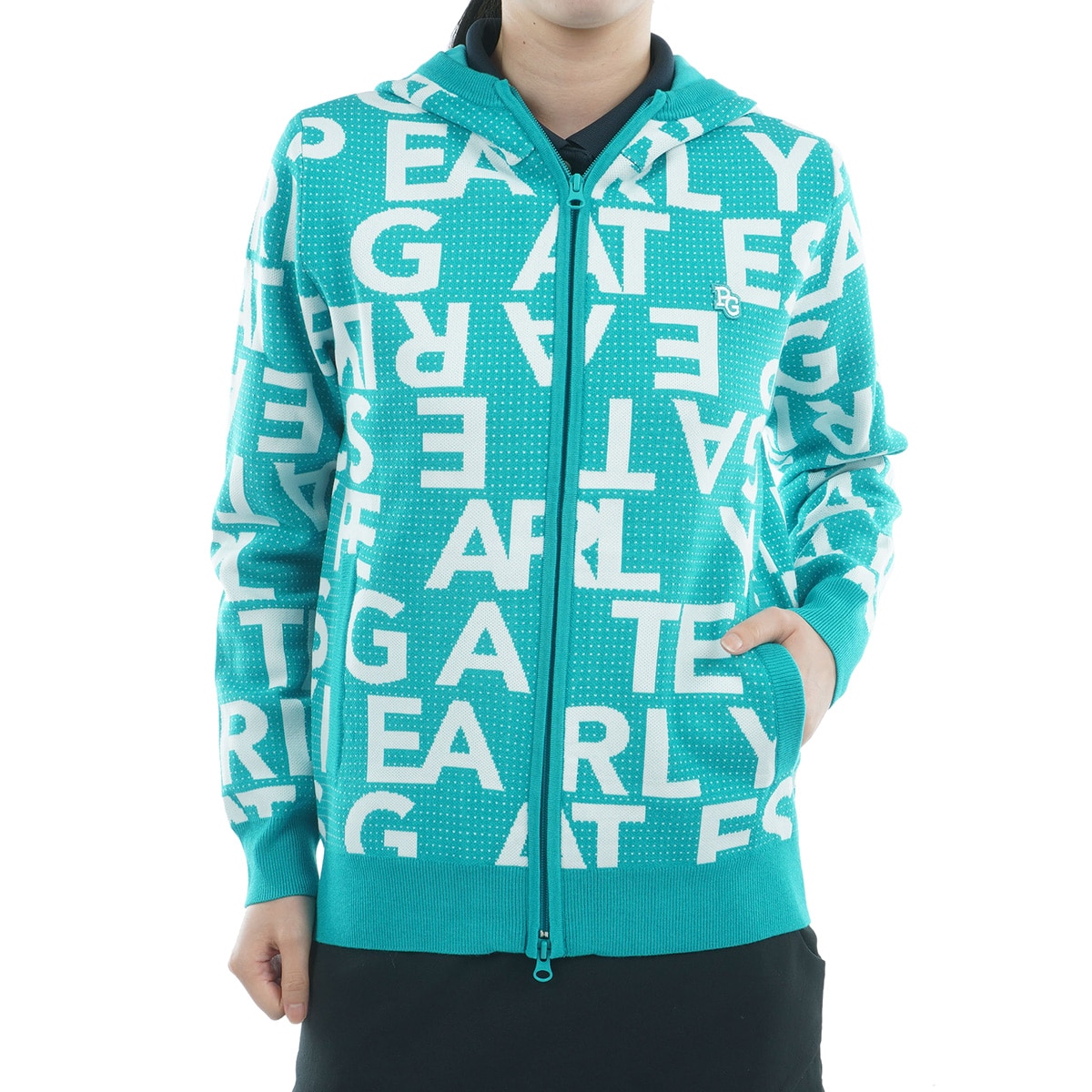 PEARLY GATES PGロゴフード付きパーカーセーター レディースウェア ダブルジャカードロゴ総柄 前開きニットフーディー レディス(中間着