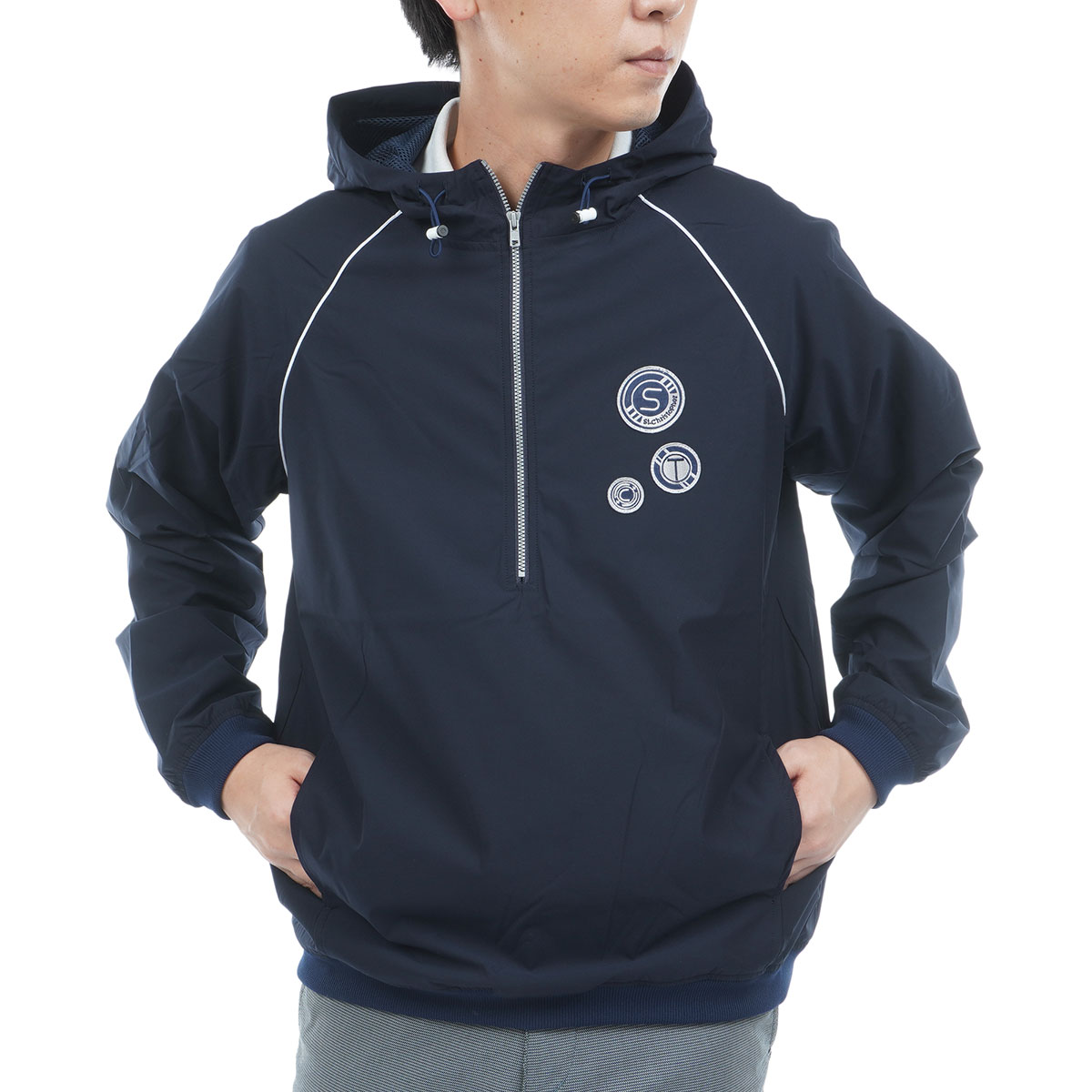 ストレッチ ハーフジップ長袖プルオーバー パーカーブルゾン(アウター