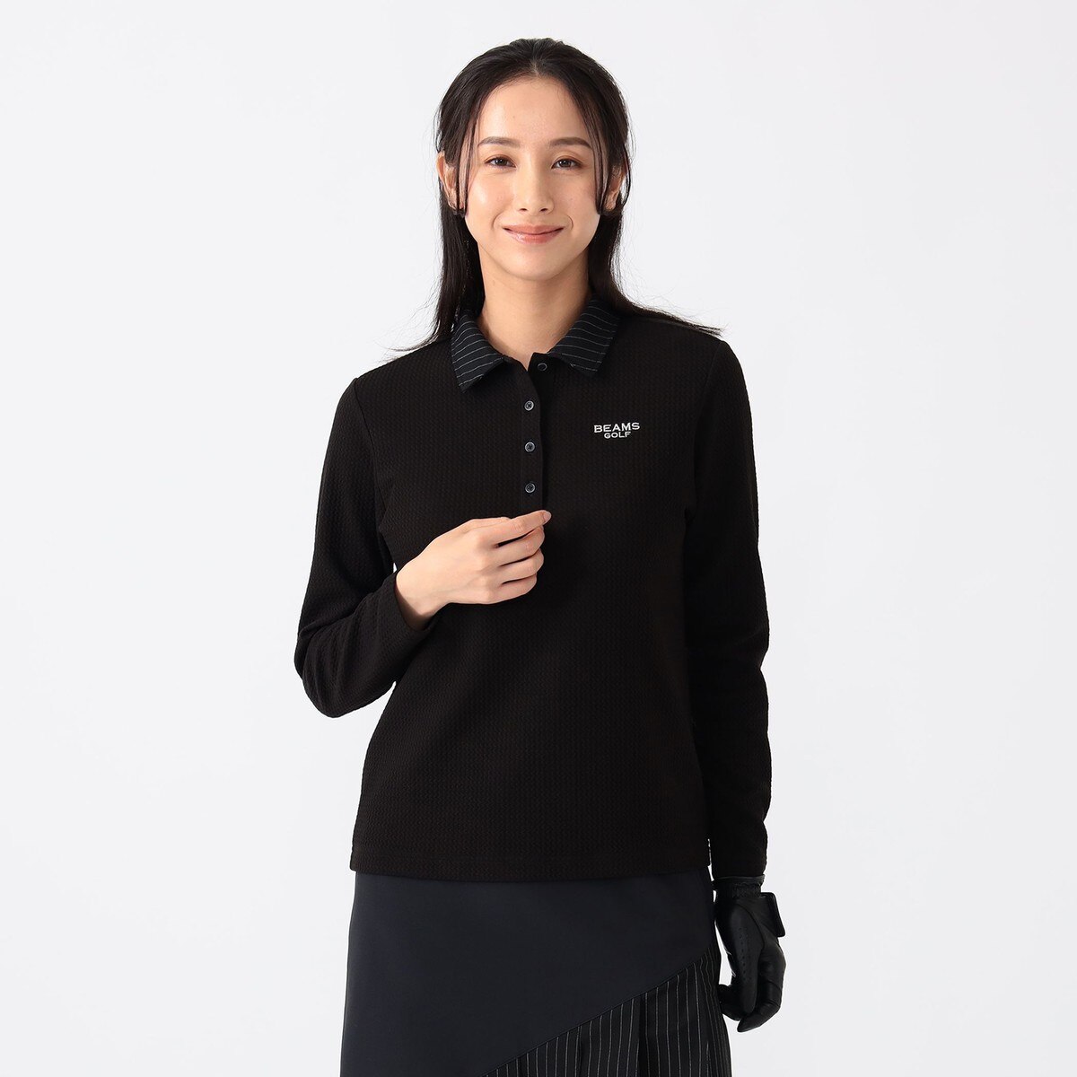 未使用BEAMS GOLF レディースBMG ポロシャツ　ブラック PURPLE LABEL ストライプ襟 ロングスリーブ ポロシャツ レディス(長袖
