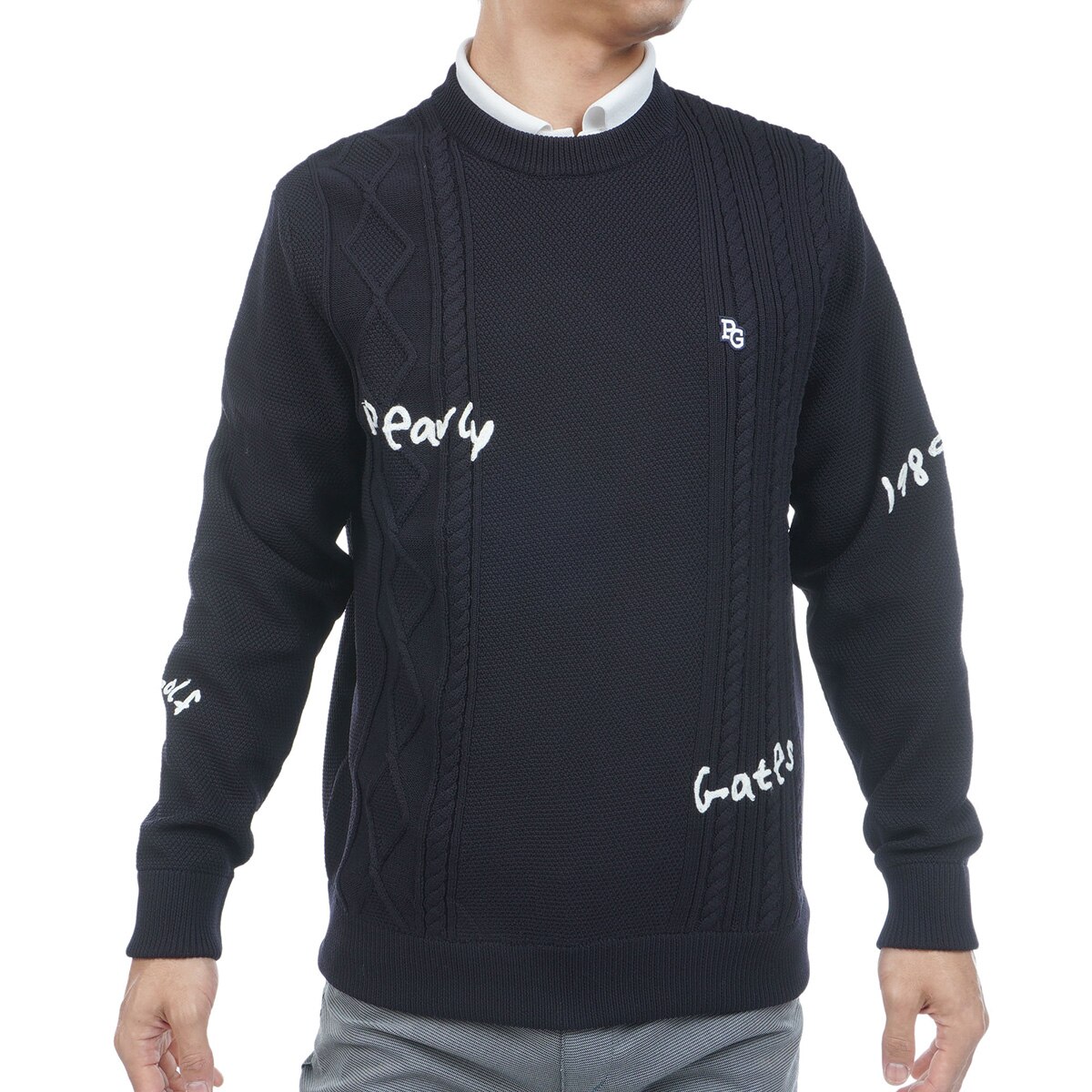 アラン柄×刺繍ランダム編み丸首セーター(中間着(セーター、トレーナー