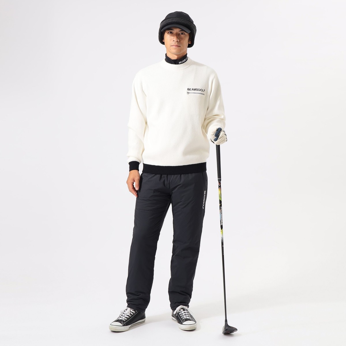 BEAMS GOLF　切り替え裏付きニットブルゾン　新品未使用品 超美品】ビームスゴルフ ハイネックスニード ネイビー ストレッチ 裏地