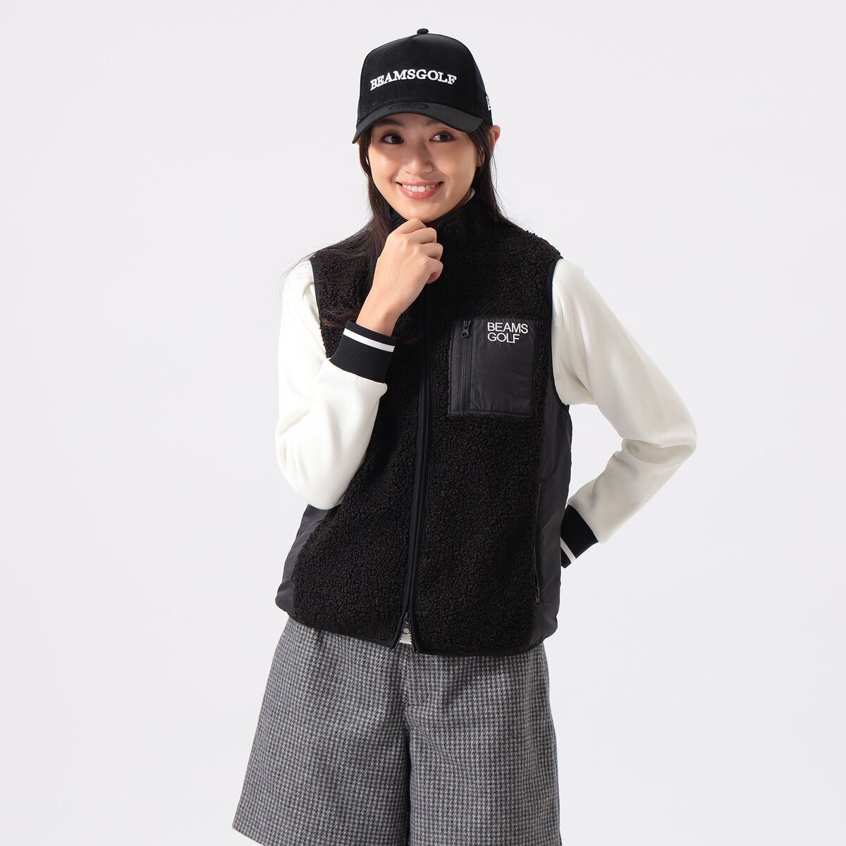 【新品未使用】BEAMS GOLF ビームスゴルフ ベスト 冬 ボア ロゴ ORANGE LABEL 切り替え フェイクファー ボアベスト レディス(ベスト