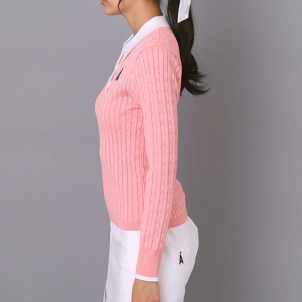 ケーブルニットクレリック長袖ポロシャツ レディス(長袖シャツ