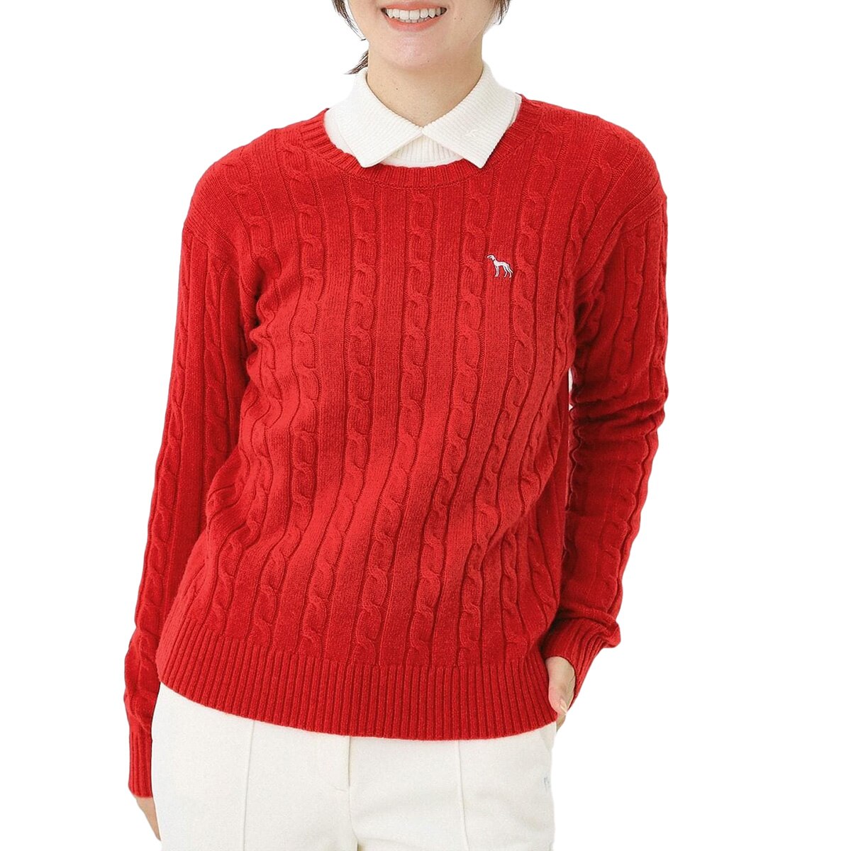 ケーブル柄クルーネックセーター レディス(中間着(セーター