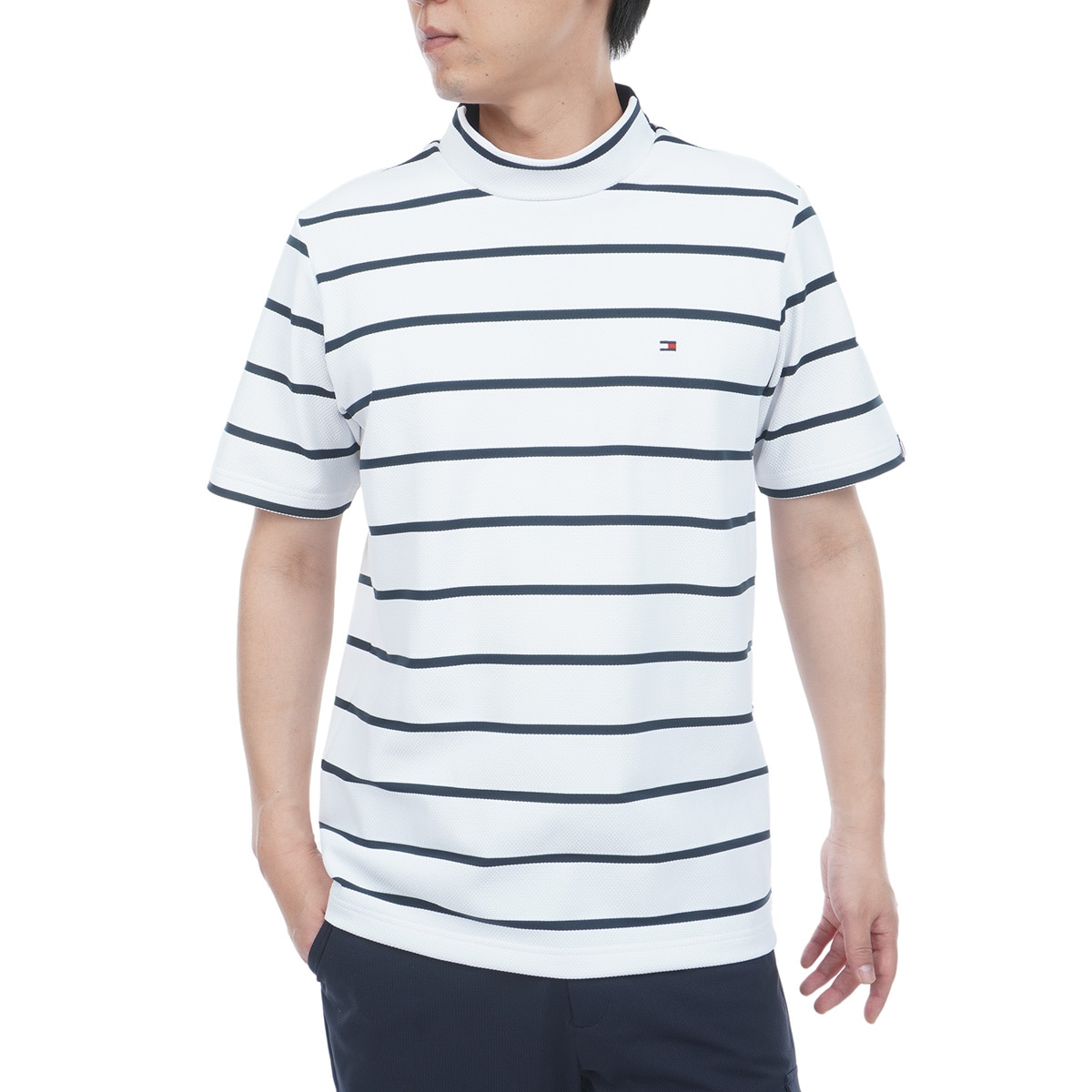 【試着のみ】BRIEFINGゴルフ ボーダーモックネック Tシャツ 半袖 M メッシュボーダー モックネック半袖シャツ(半袖シャツ・ポロシャツ