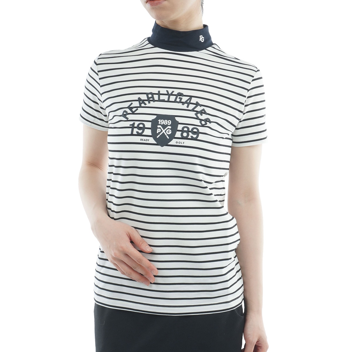 ボーダー柄 ベア鹿の子 モックネック半袖シャツ レディス(半袖シャツ