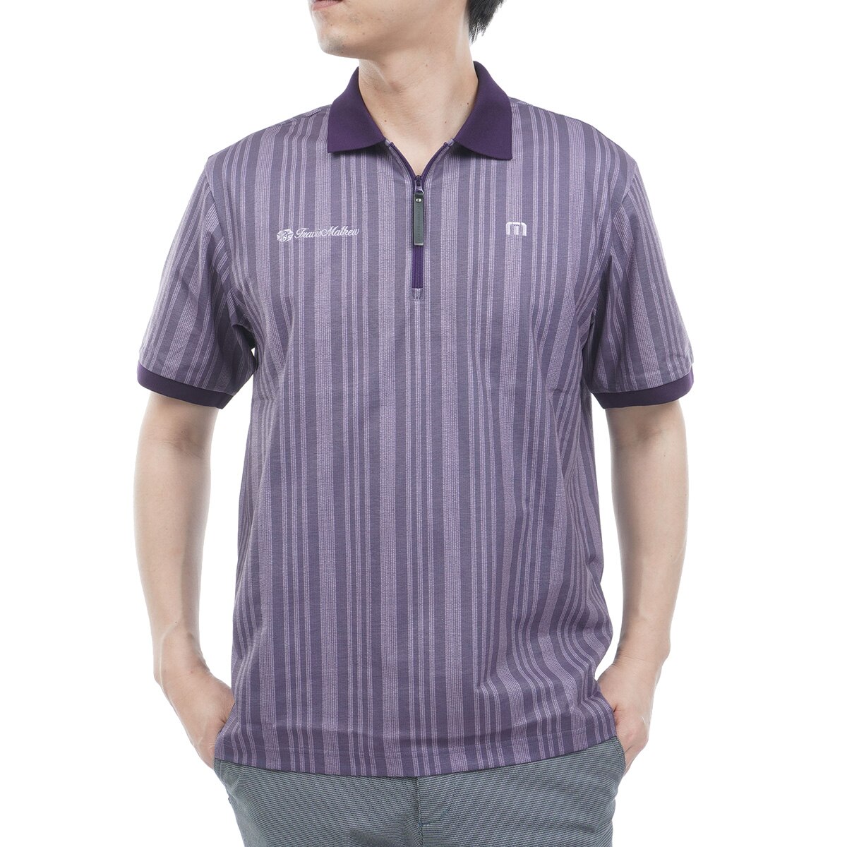 ストレッチ クォータージップストライプ半袖ポロシャツ(半袖シャツ