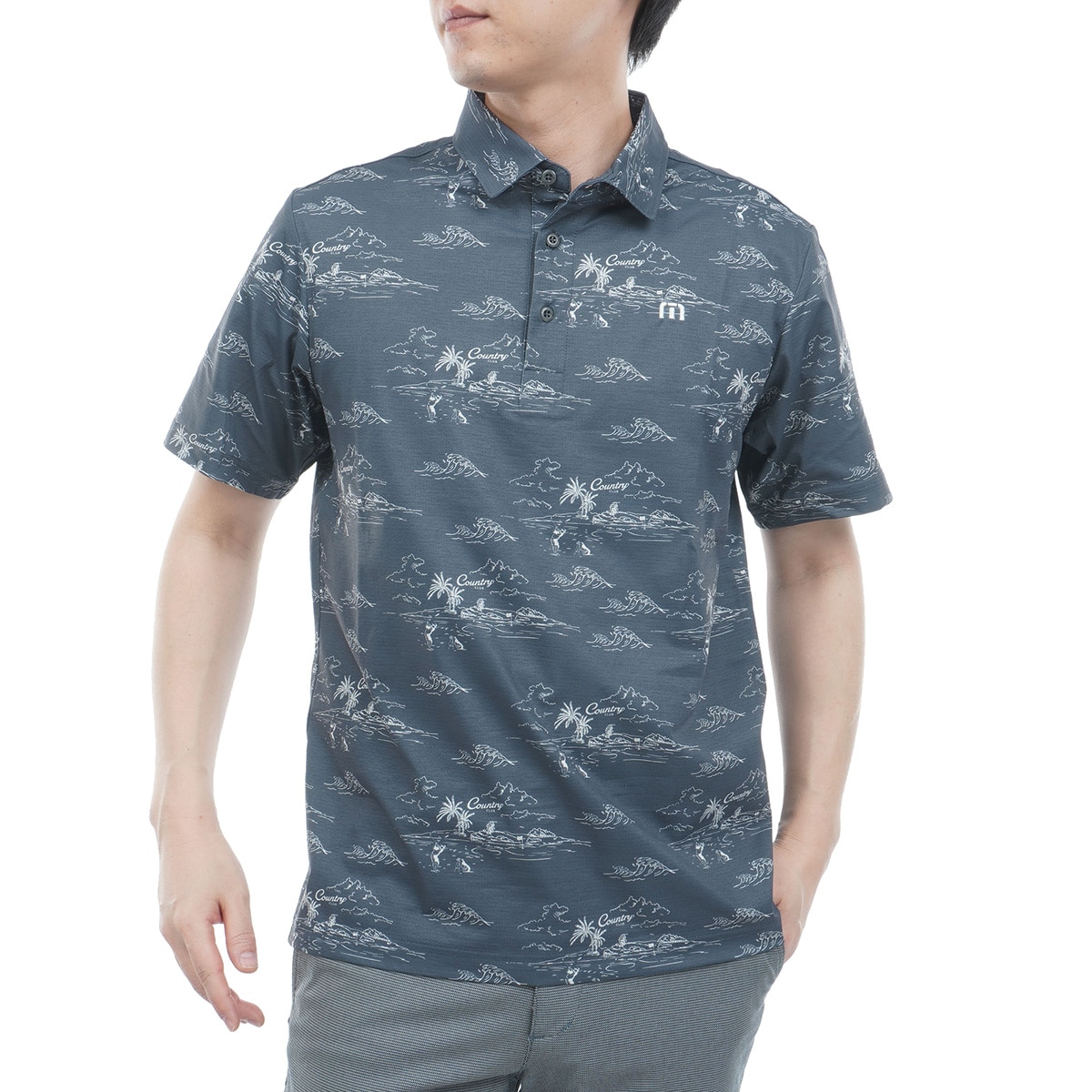 Travis Mathew トラヴィスマシュー サーフボード プリント 半袖ポロ ストレッチ メッシュ素材総柄プリント半袖ポロシャツ(半袖シャツ