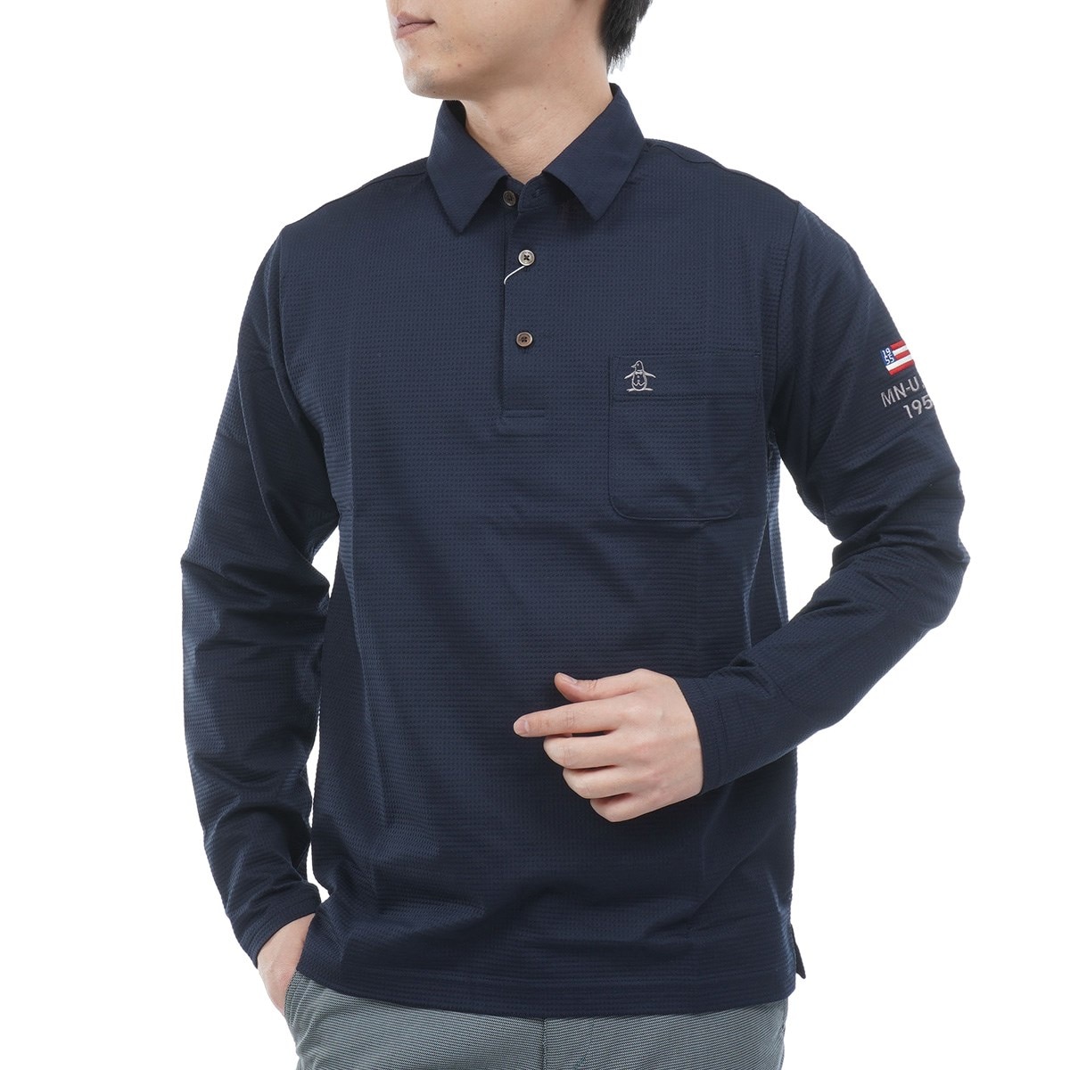 ストレッチ ハウンドトゥース柄台衿付き長袖ポロシャツ(長袖シャツ