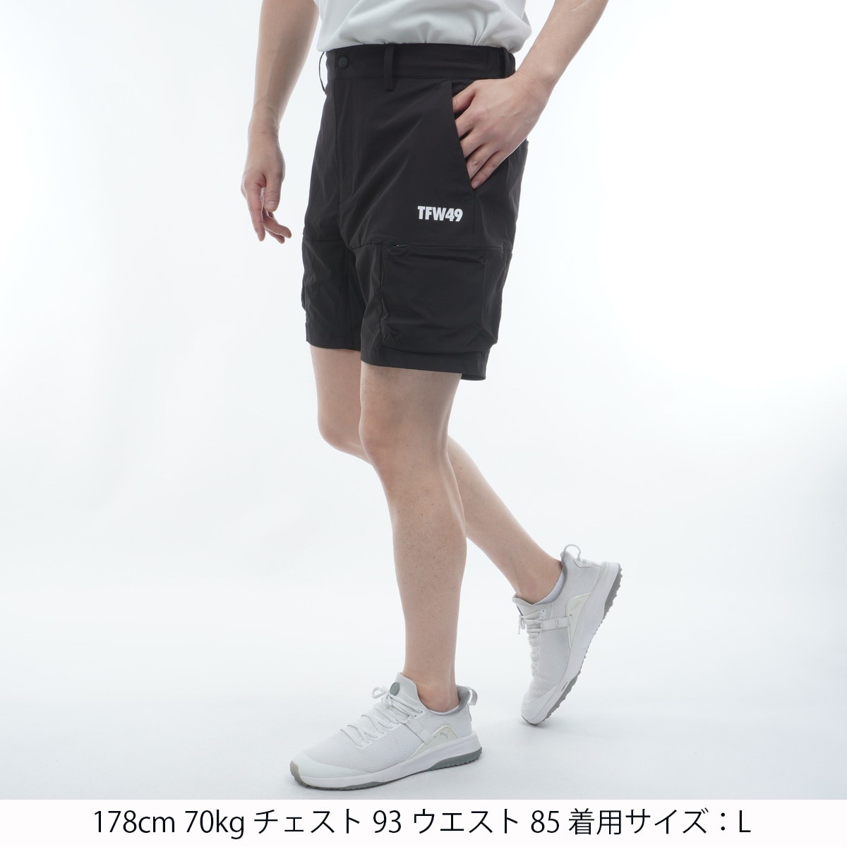 TFW49 ハーフパンツ ブラック　撥水　ストレッチパンツ　ロゴパッチ ストレッチ ライトカーゴハーフパンツ(ハーフパンツ)|TFW49(ティーエフ
