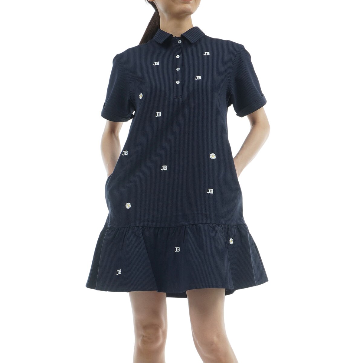 吸水速乾 ストライプ ストレッチボタンダウン半袖ポロシャツワンピース