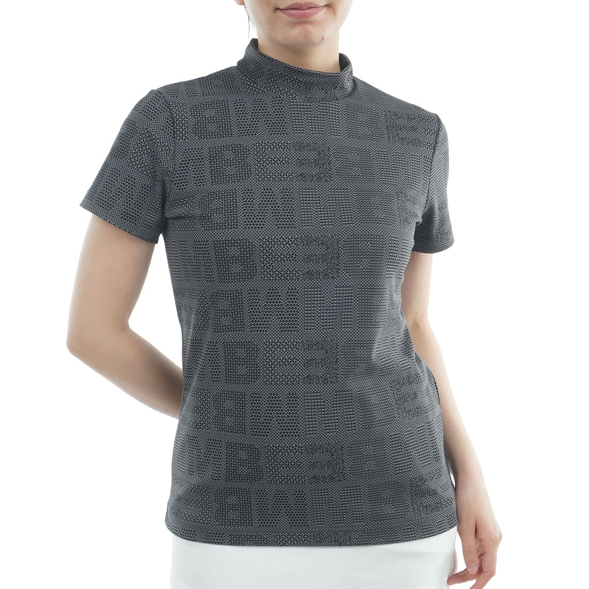 チェックジャカード モックネック半袖シャツ レディス(半袖シャツ