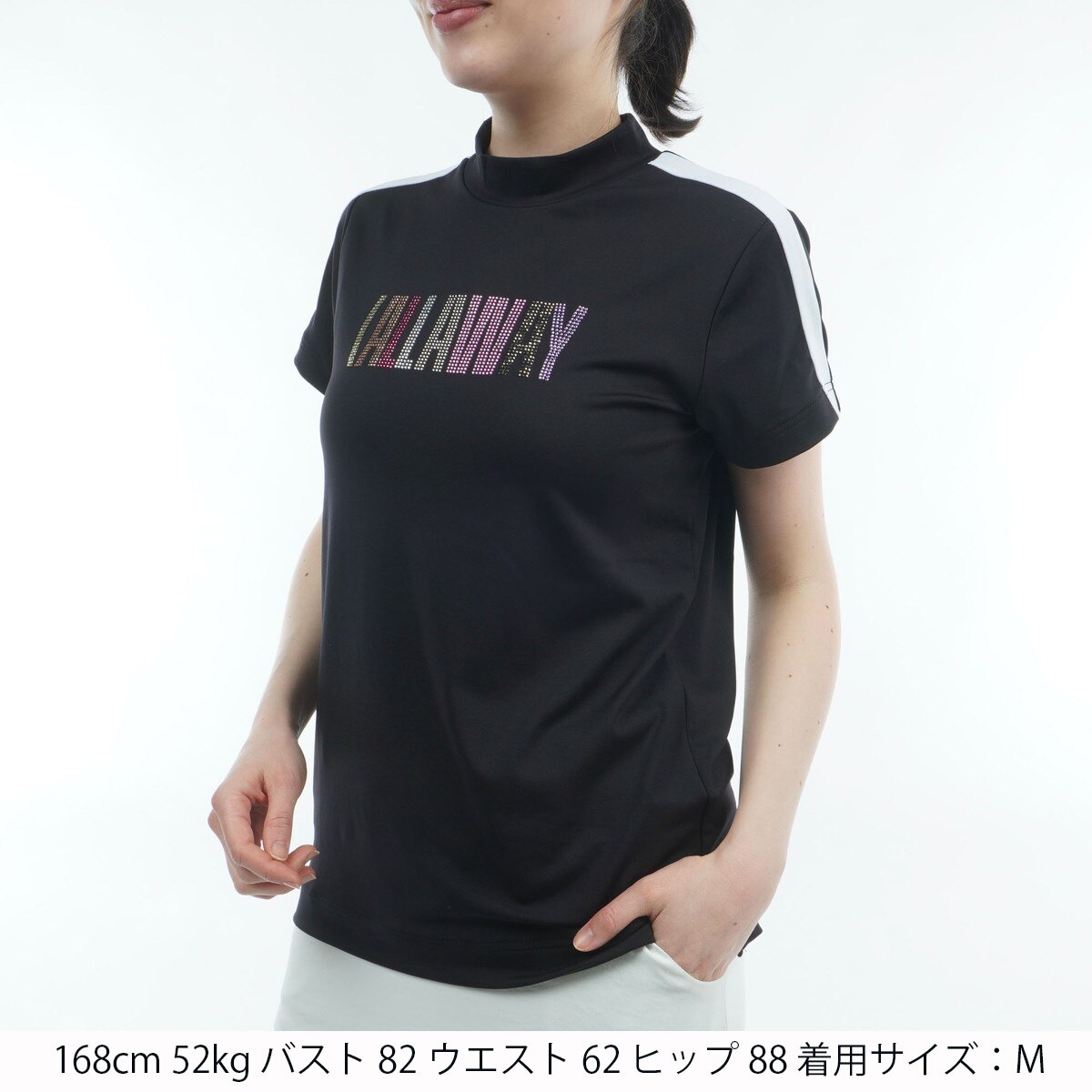 ストレッチ ラインストーン付き 半袖モックネックシャツ レディス(半袖