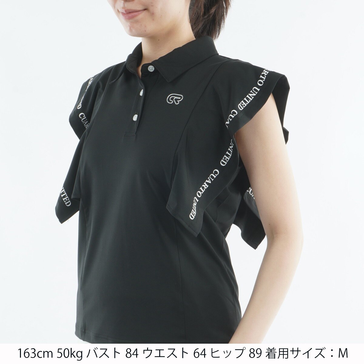 新品❤クアルトユナイテッド セットアップ M 半袖 春夏ゴルフ レディースフリル ストレッチ フリルスリーブ半袖ポロシャツ レディス(半袖シャツ