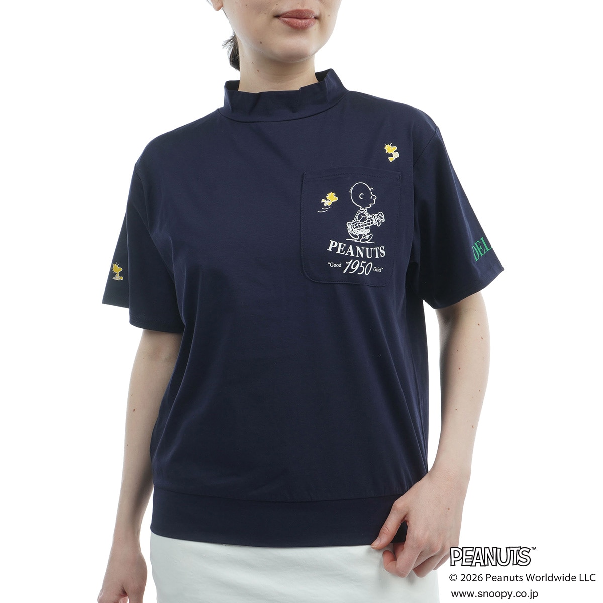 DELSOL×PEANUTS PEANUTSコラボ ストレッチ ハイネック半袖シャツ