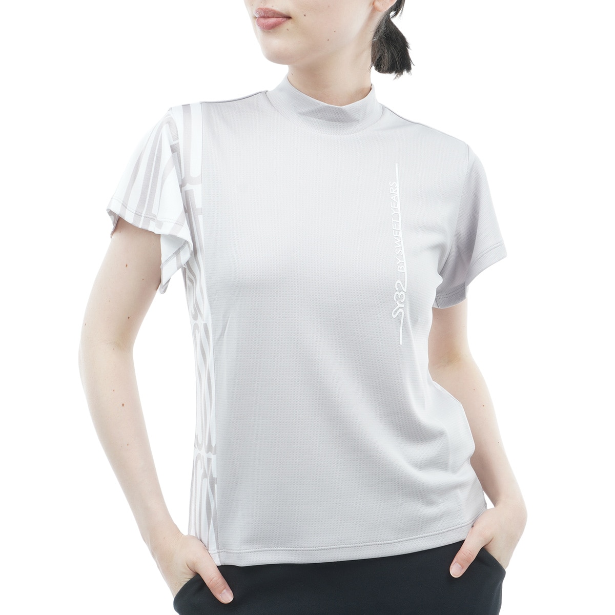 ストレッチ サイドグラフィックモックネック半袖シャツ レディス(半袖
