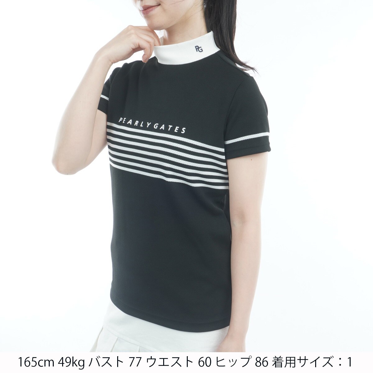 Peメッシュパネルボーダー モックネック半袖シャツ レディス(半袖