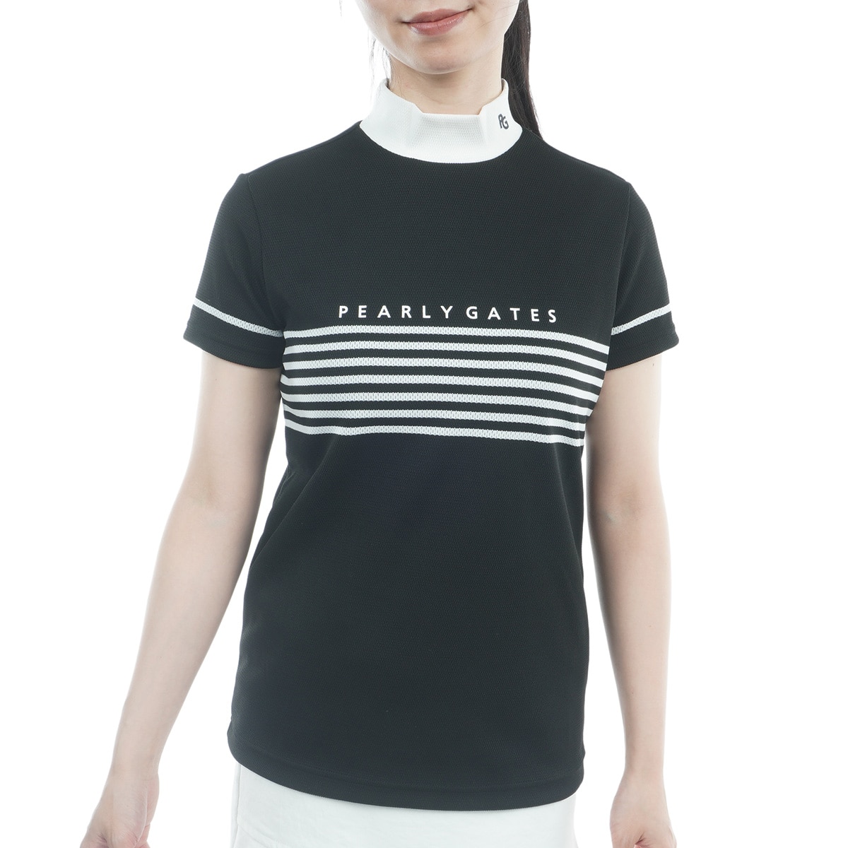 PEARLY GATES レディース ボーダー モックネックシャツ Peメッシュパネルボーダー モックネック半袖シャツ レディス(半袖